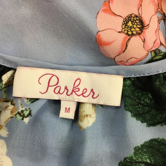 Parker Blue Floral Print Halter Ruffle Mini Dress 100% Silk Medium - Picture 8 of 9